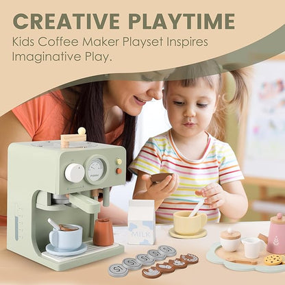 Kids Wooden Coffee Maker Toy with Grinder, Pretend Play Kitchen Appliances & Accessories Toy Gift for Kids Toddlers Boys Girls