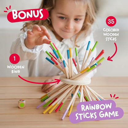 Nene Toys Ballfall, Montessori Toy from 3 Years - Educational Board Game with Colourful Sticks, Dice & Cards - Wooden Toy for Boys and Girls 3-9 Years - Children's Game from 3 Years