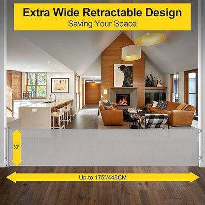 175 Inch Extra Wide Retractable Baby Gates for Large Openings, Extra Long Retractable Dog Gate for Doorways 33" Tall Mesh Pet Gate for Wide Openings Large Baby Gate for Indoor Outdoor (Light Gray)