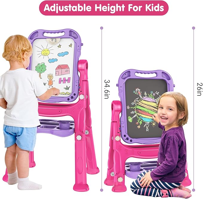 Amagoing Easel for Kids, Adjustable Standing Art Easel for Toddler, Double Drawing Board with Painting Accessories, Birthday Christmas Gift for Little Boys and Girls, Middle Size Purple