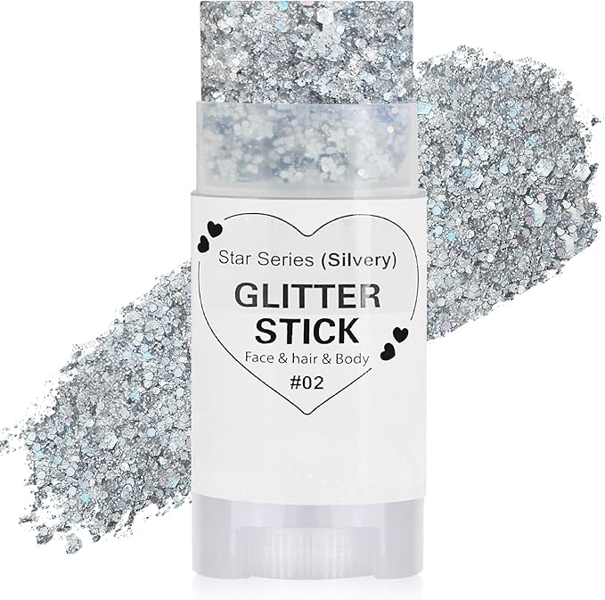 Silver Hair Glitter Stick,Cheer Body Face Glitter,Mardi Gras Outfit for Women,Rave Music Festival Singer Concert Accessories,Waterproof Halloween Cosplay Shimmer Makeup