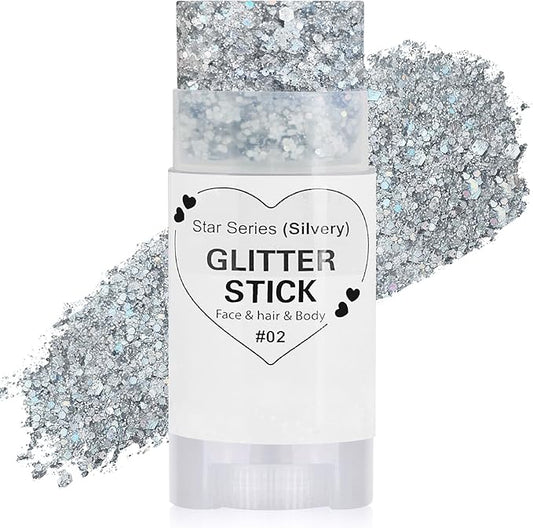 Silver Hair Glitter Stick,Cheer Body Face Glitter,Mardi Gras Outfit for Women,Rave Music Festival Singer Concert Accessories,Waterproof Halloween Cosplay Shimmer Makeup