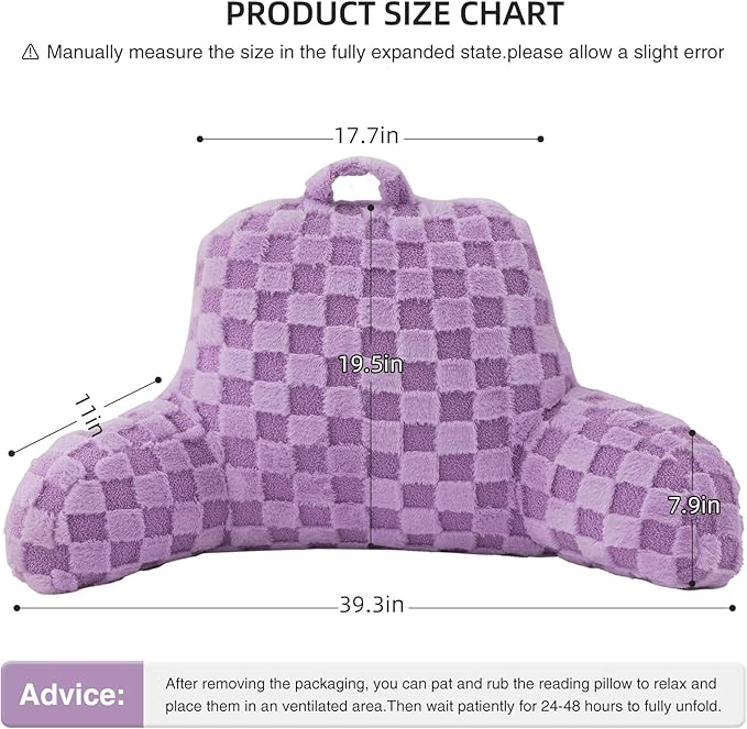 Aimuan Reading Pillow Checkered Bed Rest Wedge Backrest Checkerboard Pillow with Arms Back Support for Sitting Up in Bed Cushion Incline Rest Sleeping Snoring Pillow, Purple Large