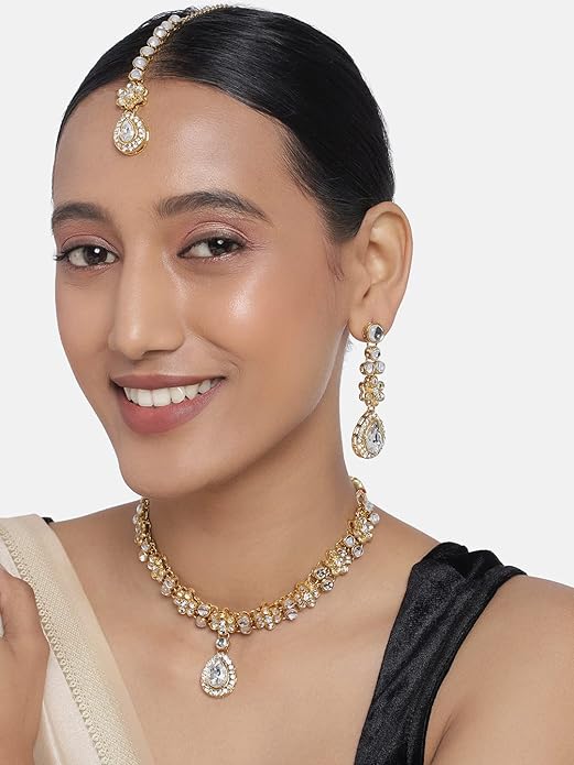 Aheli Traditional Gold Plated Kundan Beads Studded Choker Necklace Dangle Earrings & Maangtikka Set Ethnic Fashion Jewellery Gift for Women