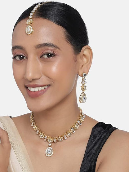 Aheli Traditional Gold Plated Kundan Beads Studded Choker Necklace Dangle Earrings & Maangtikka Set Ethnic Fashion Jewellery Gift for Women