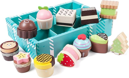 13pcs Wooden Dessert Set Toddler Pretend Play Toy Food, Sweets Playset with Muffin, Cupcake, Chocolate Cake & Roll, Kids Food Toys Play Kitchen Accessories Boys and Girls Birthday Gift