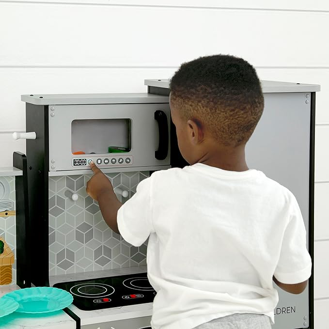 Delta Children Gourmet All-in-One Corner Play Kitchen - Toy Kitchen Playset with Safe & Heatless Stove with Lights, Oven, Sink, Fridge/Freezer with Ice Maker and 20 Accessories, Grey