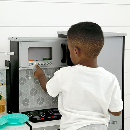 Delta Children Gourmet All-in-One Corner Play Kitchen - Toy Kitchen Playset with Safe & Heatless Stove with Lights, Oven, Sink, Fridge/Freezer with Ice Maker and 20 Accessories, Grey