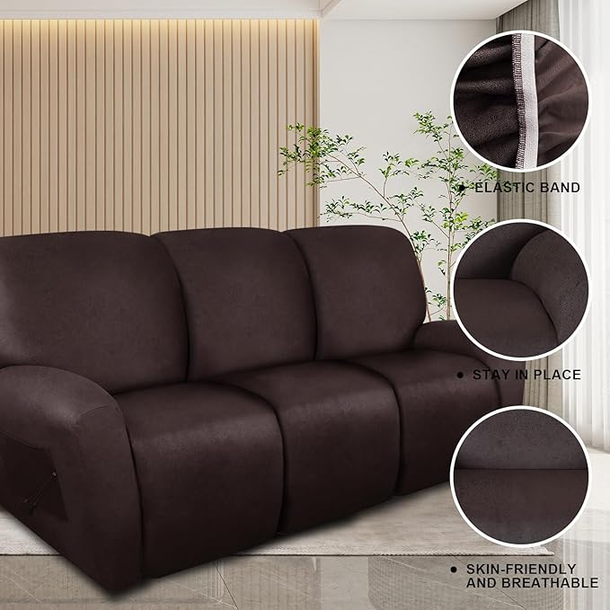 molasofa Recliner Sofa Covers - 8 Pieces Stretch Leather Like Large Couch Covers for 3 Seats Reclining Slipcovers Soft Jacquard Pattern Furniture Protector with Elastic Bottom (Chocolate)