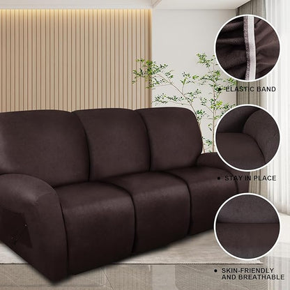 molasofa Recliner Sofa Covers - 8 Pieces Stretch Leather Like Large Couch Covers for 3 Seats Reclining Slipcovers Soft Jacquard Pattern Furniture Protector with Elastic Bottom (Chocolate)