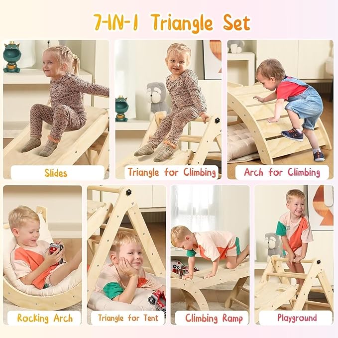 Pikler Triangle Set with Cushion, 7 in 1 Toddler Climbing Toys Indoor, Montessori Foldable Climbing Set, Wooden Climbing Toys for Toddlers 1-3 Inside with Ramp, Arch and Ladder (Nature Wood)