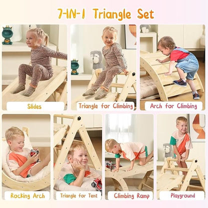 Pikler Triangle Set with Cushion, 7 in 1 Toddler Climbing Toys Indoor, Montessori Foldable Climbing Set, Wooden Climbing Toys for Toddlers 1-3 Inside with Ramp, Arch and Ladder (Nature Wood)