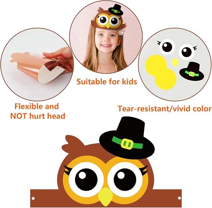 chiazllta 24 Packs Fall Crown Craft Kits for Kids Thanksgiving Pumpkin Turkey Headband Autumn DIY Art Craft Sticker Set Preschool Home Classroom Game Activities Party Favors
