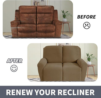 JIVINER Loveseat Recliner Covers, Jacquard 4 Piece Recliner Sofa Cover with Pockets Washable Lazy Boy Reclining Couch Protector with Elastic Bottom (Recliner Loveseat, Brown)