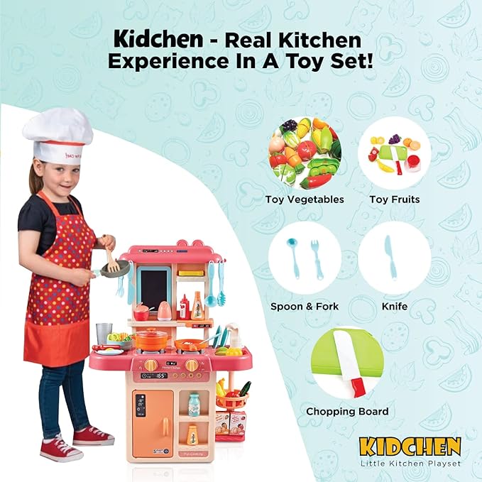 Kitchen Play Set with Accessories- Mini Kitchen Set with Realistic Light Sound Steam Simulation- Indoor Games Cooking Playset with Water Outlet- Toys for Toddlers Children & Girls