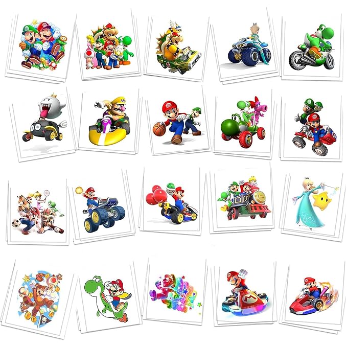 60 Pcs Cartoon Temporary Tattoos for Kids, Children's Temporary Tattoo Toys, DIY Sticker Arts, Mario Birthday Party Supplies Decorations Party Favors