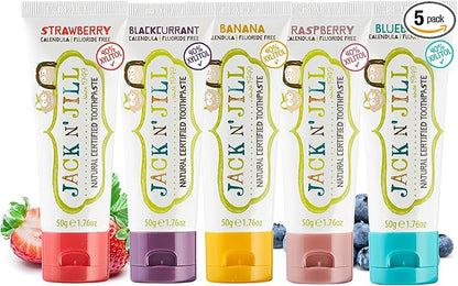 Jack N' Jill Natural Toddler Toothpaste for Baby, Kids and Infants 6 Months & Up, Fluoride Free Training Toothpaste for Toddlers 1-3 (1.76 Fl Oz (Pack of 5), Variety)