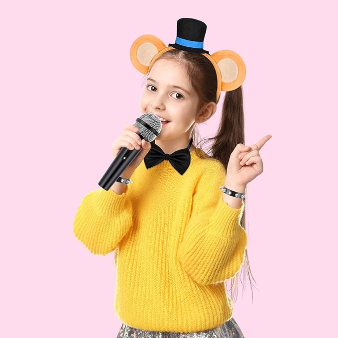 Kavoc 4 Pcs Rock Bear Ears Headband with Bow Tie Microphone Prop Wristband for Halloween Cosplay Dress up