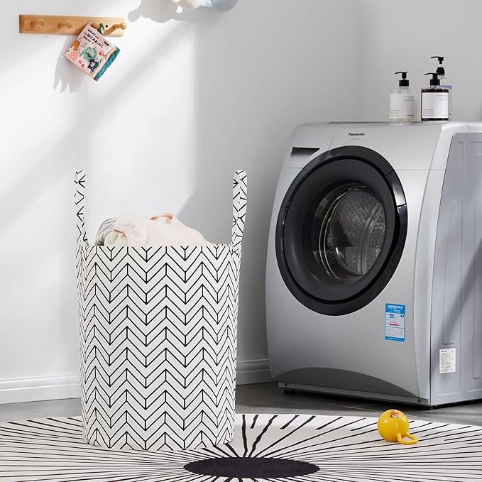Large Storage Basket for Girls and Boys, Collapsible Laundry Hamper with Long Handles, Toy Bins for Nursery, Kids Room Décor Black Geometry