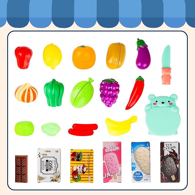 deAO Toddlers Shopping Cart Trolley Set Kids Pretend Grocery Cart Play Toy with Pretend Play Food Shopping Day Realistic Kitchen Accessories for Kids Girls Boys