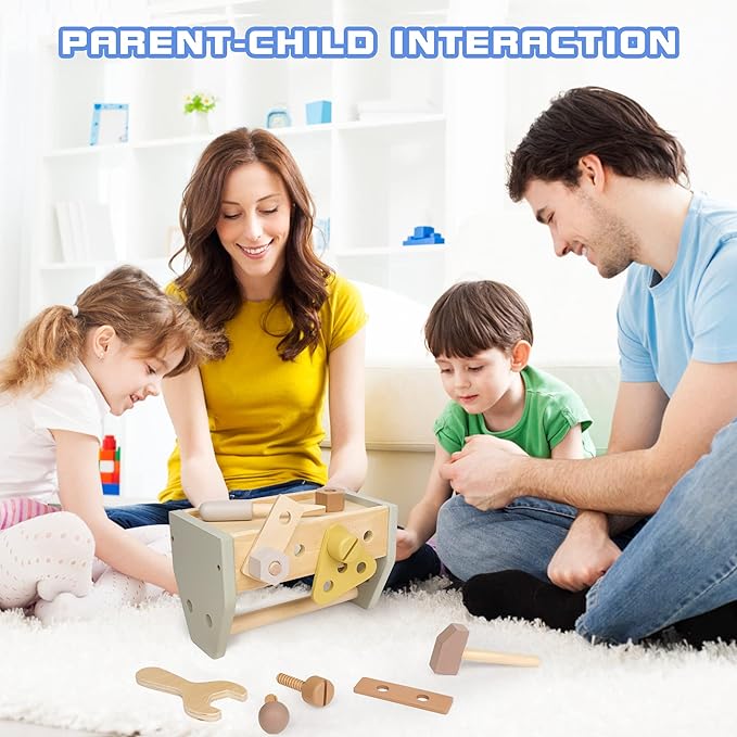 Montessori Wooden Tools Kit Toddler Educational Construction Kids Toys Sets Play Box Preschool Play Tool Wooden Construction Toy （Yellow）