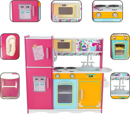 Kitchen Playset for Kids Ages 3-8, Wooden Pretend Play Kitchen, Including Telephone, Ice Maker, Refrigerator, Dimensions: 35” H x 31” W x 12” D (Colorful)