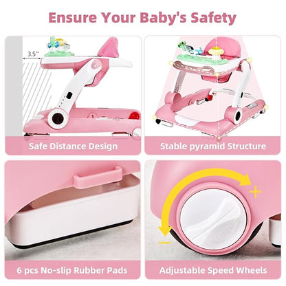 5-in-1 Baby Walker with Wheels, Baby Walkers for Boys Girls 6-18 Months, Foldable Adjustable Walker with Bouncer, Feeding Tray, Music & Detachable Footrest(Pink)