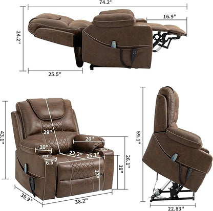 FANYE Electric Power Lift Chair for Elderly W/Massage and Heat, Infinite Positions 2 Remote Controllers Oversized Faux Leather Upholstered Recliner & Armchair W/Side Pockets & Cup Holders, Brown