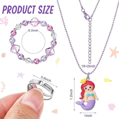 12 PCS Girls Necklaces Bracelets and Rings Set with Unicorn Mermaid Rainbow Heart Shell Star Pendants Girls Jewelry Set Party Favors Friendship Pretend Dress Up Play Jewelry (Cute Style)