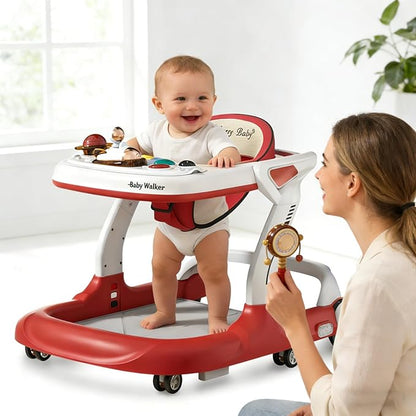 Baby Walker with Wheels Music and Lights with 9 Adjustable Heights Anti-Fall Baby Walker and Bouncer Combo for Boys Girls Babies 6-18 Months (Red and White)