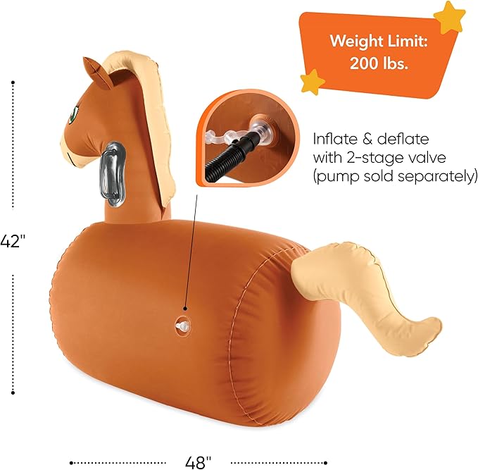 Hearthsong Hop N Go Inflatable Riding Bouncy Horse Hopping Toys for Kids Ages 5+ - Ride On Bouncer Animal Hopper Jumping Toys for Outdoor Games