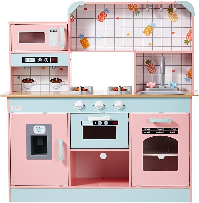 VEVOR Wooden Play Kitchen Toy, Play Kitchen for Kids with Lights and Sounds, Toddler Kitchen with Ice Maker, Oven, Sink, Microwaves, Fridge and Utensil and Fruit Accessory for Toddlers Ages 3-8, Pink