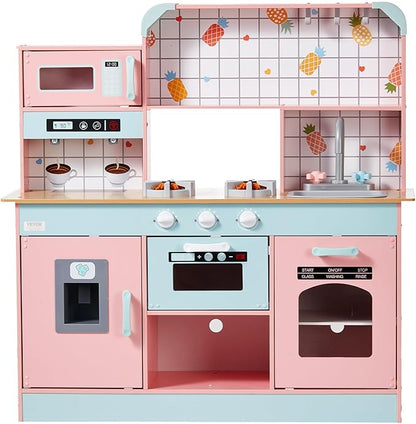 VEVOR Wooden Play Kitchen Toy, Play Kitchen for Kids with Lights and Sounds, Toddler Kitchen with Ice Maker, Oven, Sink, Microwaves, Fridge and Utensil and Fruit Accessory for Toddlers Ages 3-8, Pink