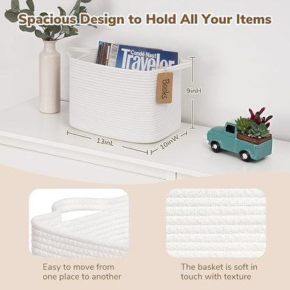 Goodpick Rope Basket, Storage Baskets for Organizing, Rectangle Baby Nursery basket with Handles, Small Woven Basket for Shelves, Living Room, 13 x 10 x 9 Inches, White