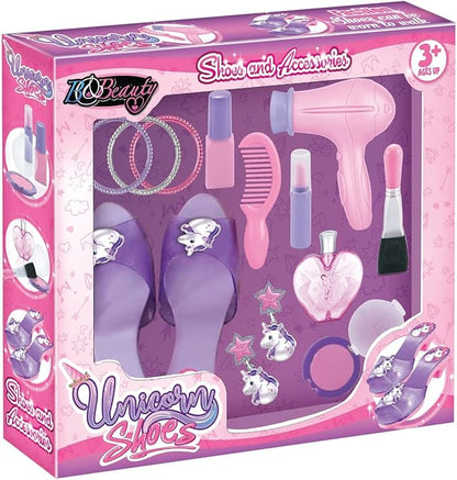 Pretend Play Makeup Kit Fake Make Up Set For Little Girls And Shoes - Toddler Little Girls Role Play with Earrings, Bracelets, Perfume, Hair Blower, Mascara, Blush, Comb, Lipstick, Brush -Age 3+