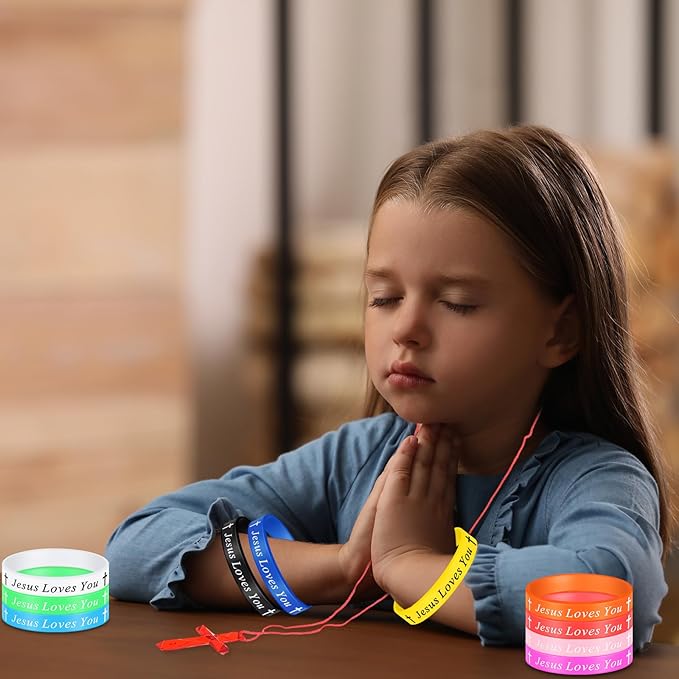 PerKoop 120 Pcs Christian Gifts Include Jesus Loves You Silicone Bracelets and Plastic Cross Necklace for Christian Party Favors