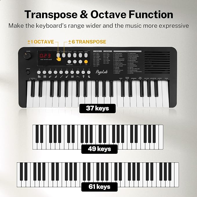 POGOLAB MK1 37 Keys Kids Keyboard Piano, Mini Portable Multi-Function Piano with Excellent Sound Quality, Built-In Speaker & LED Display, Small Electric Music Keyboard Gift for Beginners (Black)