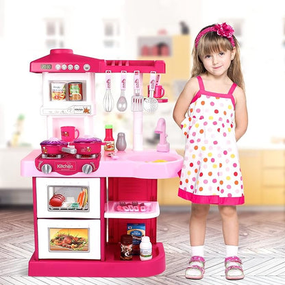deAO Kitchen Playset Toy Pretend Food with Sounds and Lights Role Playing Game Pretend Food Playset for Toddlers,Pink