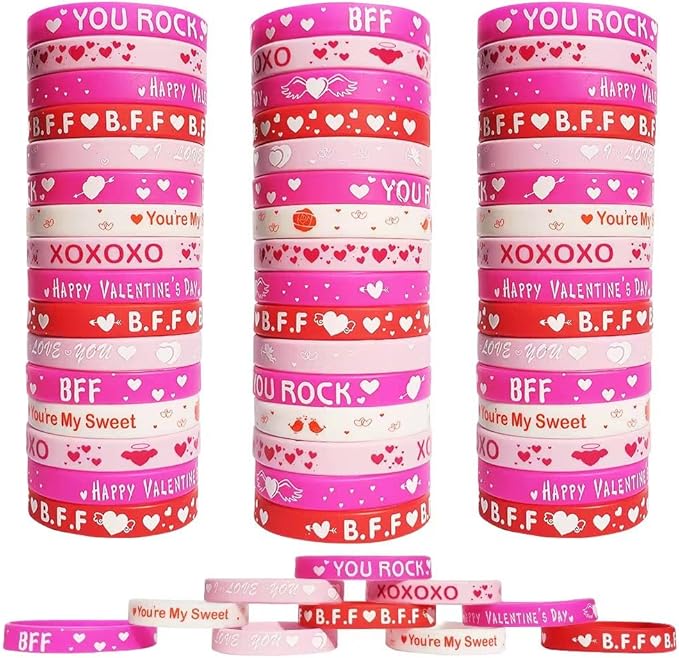 60pcs Valentines Day Wristband Silicone Heart Rubber Bracelets for Valentines Day Party Decoration Party Favors School Gifts Supplies