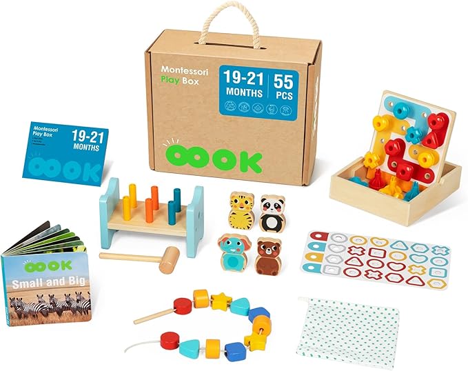 Montessori Educational Toys for 18 + Months, 6 in 1 Learning Toys Set for Toddlers Wooden Toy Present (Pattern Pegs, Pound Bench, Lacing Beads, Magnetic Animal Puzzle, Picture Book)