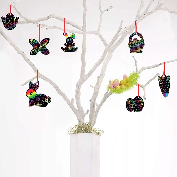 JOYIN 72 Pcs Easter Scratch Paper Set (12 Designs) Rainbow Scratch Art Easter Crafts Kit for Kids with Wooden Stick and Ribbon, Rainbow Color Scratch Ornaments for Home Tree Decor, Party Favors