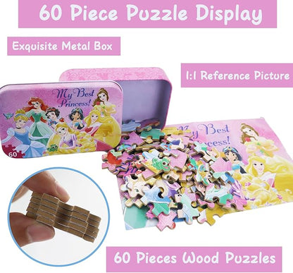 Princess Puzzles for Kids Ages 4-8 60 Pieces Puzzles for Kids Ages 3-5 Princess Puzzle for Girls and Boys Toys Jigsaw Puzzles in a Metal Box Educational Puzzles (Princess 0681)