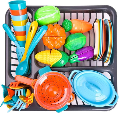 Play Dishes for Kids Kitchen, 54PCS Food Toys Play Food for Kids Kitchen Including Play Dishes Pots, Pans & Pretend Food Pretend Toys for Toddlers