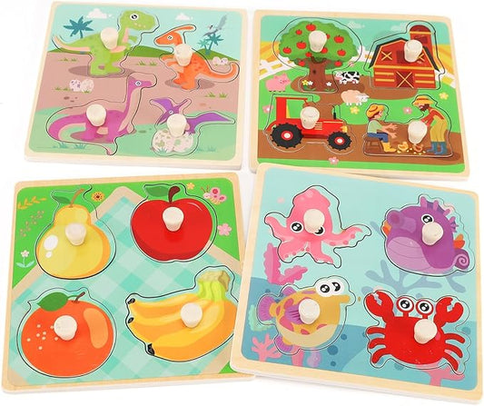Wooden Peg Puzzles for Toddlers 1-3, Kids' Educational Preschool Peg Puzzle Toy, Set of 4 Toddler Puzzles - Farm, Dinosaur, Fruit and Marine Animals, Ideal Gift for Ages 1 2 3 Boys and Girls