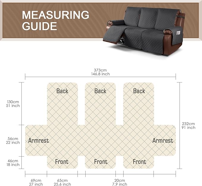KinCam Waterproof Recliner Sofa Cover, Non-Slip Reclining Couch Covers for 3 Seat, Recliner Couch Cover Furniture Protector with Elastic Straps for Pets, Kids, Charcoal Gray