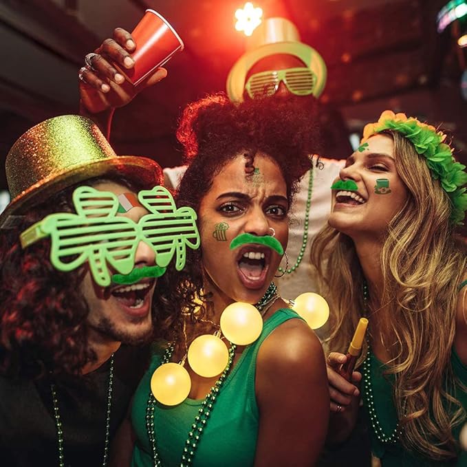 108PCS St. Patrick's Day Party Favor Dressing-up Accessories with Shamrock Eyeglasses Beaded Necklace Temporary Tattoos Mustache Bracelets Set