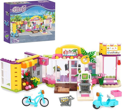BRICK STORY Girls Friends Supermarket Building Set 376 PCS, Seaside Grocery Store Flower Shop Building Kit, Beach Shopping Mall Toy Educational Building Blocks Gift for Kids Ages 6-12