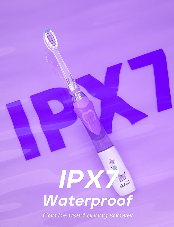 SEAGO Kids Electric Toothbrush with 2 Mins Brushing Timer and 4 Replacement Bursh Heads,Rainbow LED Light Make Brushing Fun, Purple Color Girls Battery Powerd Toothbrush for 4-12 Years Old，SG-977