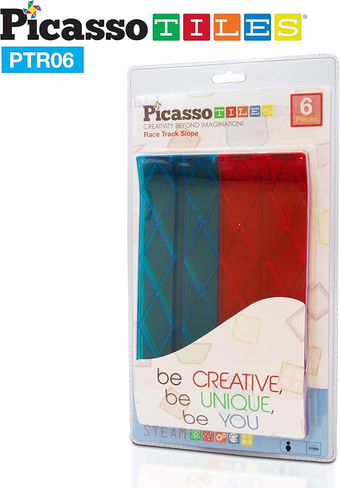 PicassoTiles 6 Piece Race Track Ramp Magnetic Building Block Set Magnet Tiles Construction Toy STEM Learning Kit Education Playset Playboard Pretend Play Stacking Blocks Child Brain Development PTR06