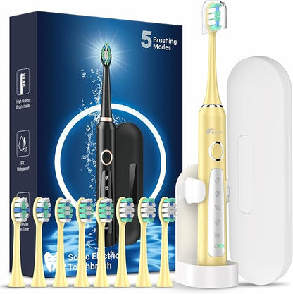 Rtauys M5 Sonic Electric Toothbrush for Adults and Kids - Rechargeable Electric Toothbrush Kids Ages 12+ and Adults with 8 Brush Heads & Travel Case, 120 Days Battery Life - Yellow